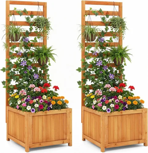 Miniatura 11 de Giantex Cama de jardín elevada de madera con enrejado, maceta para exteriores con base abierta para plantas trepadoras, profundidad de plantación