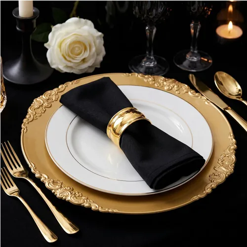Miniatura 9 de Okllen Paquete de 12 Platos Base Dorados, Platos Base Redondos para Cena de 13" con Borde en Relieve para Catering, Boda, Decoración de Mesa