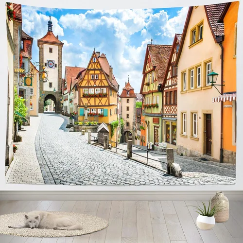 Miniatura 2 de BELECO Tapiz de calle de pueblo alemán, tapiz de Oktoberfest de 106 x 70 pulgadas, tapiz de Rothenburg Baviera, Alemania, tapiz para colgar