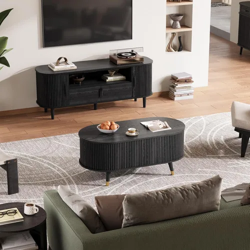 Miniatura 8 de SULIVES Mesa auxiliar ovalada con almacenamiento, mesa de centro multifuncional con tambor elevable, pequeña mesa central acanalada para sala