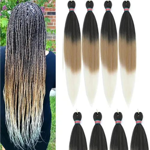 Miniatura 20 de Extensiones de cabello para trenzar verde+verde claro, preestiradas, 2 paquetes, con cabello plumoso pre-trenzado, extensiones de cabello