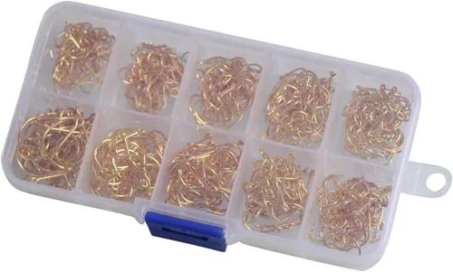 Miniatura 3 de 300pcs pequeños anzuelos de pesca negro alto carbono ganchos de pesca Set 6 tamaños con una caja de plástico 500 unidades doradas