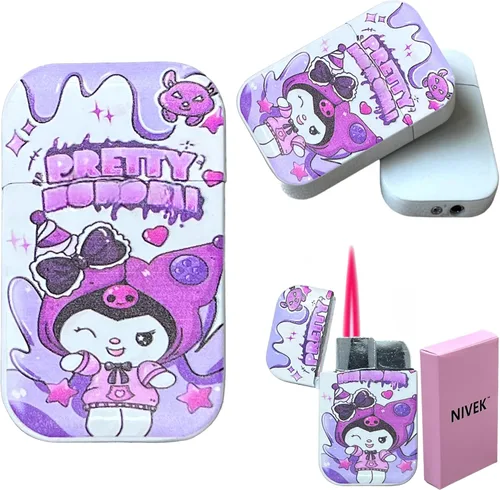 Miniatura 10 de NIVEK Kulomi Encendedor Kitty KT con llama rosa de bolsillo, recargable, Kawaii lindo, resistente al viento (Gato, Conejo, Melodía, Duffy)