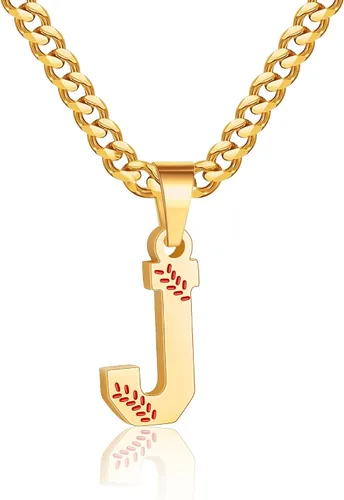 Miniatura 40 de Avotto Collar de béisbol con letra inicial de la A a la Z para niños y hombres, cadena cubana de acero inoxidable resistente que no se decolora