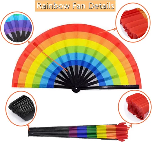 Miniatura 4 de 4 abanicos de mano arcoíris grandes para mujer, abanico holográfico grande de mano arcoíris para Burlesque, Drag Queen, trajes de festival y orgullo