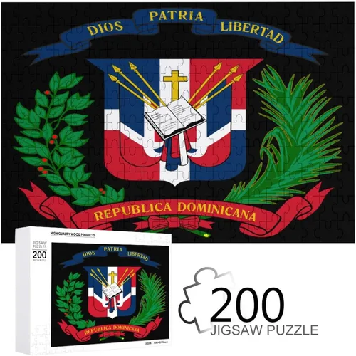 Rompecabezas de madera con logotipo de la bandera de República Dominicana para adultos, 200 piezas en adelante con caja de almacenamiento, 200 piezas