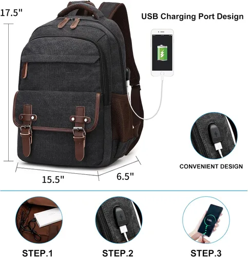 Miniatura 2 de Mochila de lona para laptop con puerto de carga USB, mochila vintage para hombres y mujeres, mochila negra de viaje para trabajo, mochila Negro
