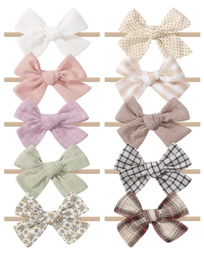 Miniatura 10 de doboi 10 diademas para bebé, lazos para el cabello, de nailon, algodón, lino, hechas a mano, accesorios para el cabello para recién nacidos, niñas