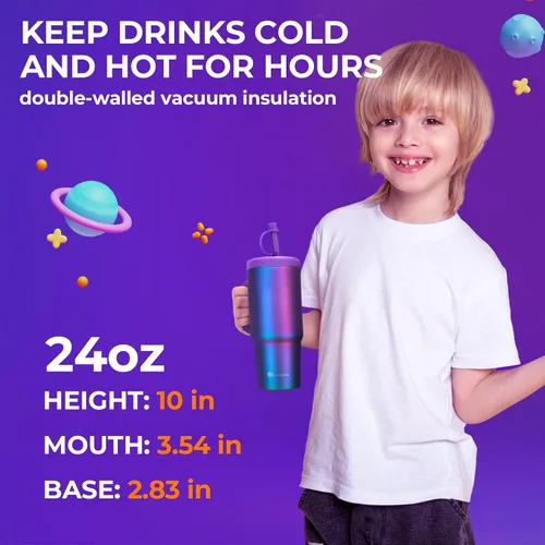 Miniatura 6 de Taza para niños de 24 onzas con asa, tapa de rosca a prueba de fugas con pajita de silicona extraíble, a prueba de derrames, botella aislada