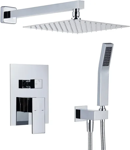 Juego de combinación de ducha de lluvia de 10 pulgadas con llave de montaje en pared cromada, juego de grifos de baño con cabezal de ducha de lluvia