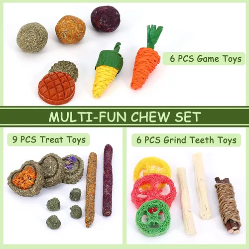 Miniatura 4 de VESPRO Juguetes para conejos, 21 piezas de juguetes masticables para conejos para dientes, golosinas naturales para conejillos de indias, palitos