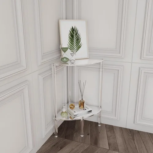 Miniatura 5 de Eglaf - Mesa auxiliar de esquina acrílica de 2 niveles, mesa auxiliar transparente Triangle Side Table, Fan-Shaped Corner Table for Living Room
