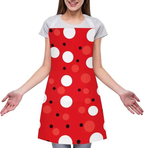Miniatura 3 de Personalized Red White Polka Dot Adult Apron, Kitchen Cooking Aprons for Woman Man, Adjustable Bib Apron with Pocket for Baking, BBQ Crafting
