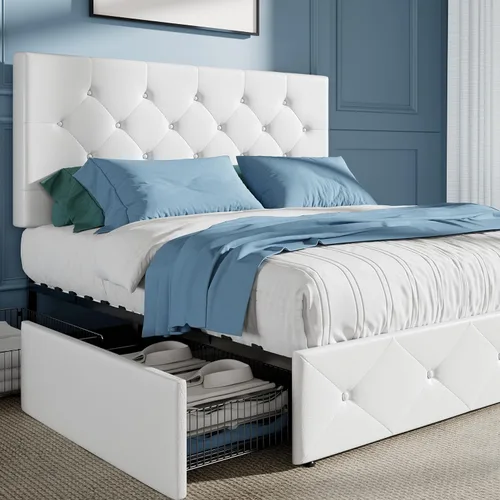 HOOMIC Base de cama de almacenamiento de plataforma de tamaño matrimonial con 4 cajones y cabecera ajustable, listones de madera, no necesita Blanco