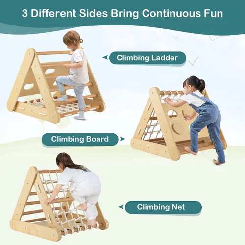 Miniatura 5 de Costzon Juguete de escalada 4 en 1 para niños pequeños, trepador de triángulo de madera Montessori de 3 lados con rampa deslizante, red de escalada