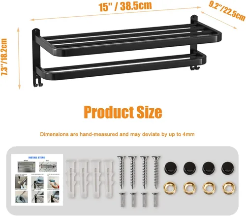 Miniatura 2 de Toalleros Negros de 15 Pulgadas para Baño con Barras Dobles para Toallas, Soporte de Montaje en Pared de Lavabo con Ganchos, Estante de Baño