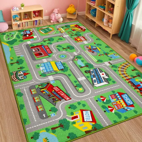 Miniatura 13 de Alfombra de juego para niños de 6.6 x 5.0 pies, alfombra azul para niños para autos de juguete, alfombra antideslizante de mapa de la ciudad