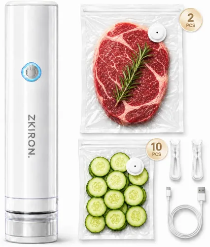ZKIRON Sellador al vacío compacto para alimentos: potente máquina selladora al vacío de mano con 12 bolsas de vacío reutilizables, 5 veces