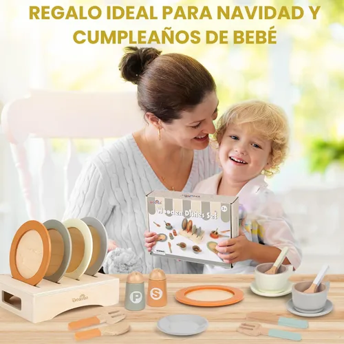Miniatura 7 de Platos y vajilla de juego de madera para set de cocina de niños, 27 piezas de accesorios de cocina de juego de madera, juguete de cocina para niños