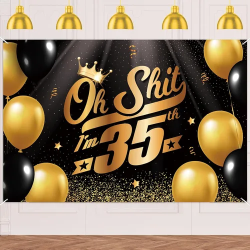 Miniatura 31 de Oh S*hit I'm 10th Banner telón de fondo negro dorado globos corona confeti Hallo Quince Cheers to 10 años decoración temática decoración para hombre