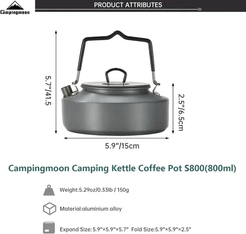 Miniatura 8 de Campingmoon - Hervidor de té portátil para campamento, café, tetera, caldera de agua de aluminio ligera para mochileros, picnic, pesca, 0.8 L
