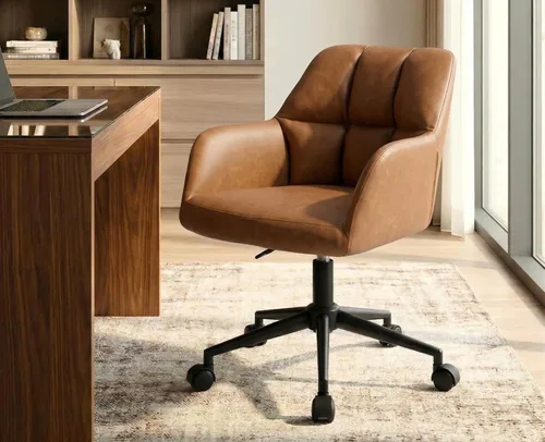 Miniatura 8 de Silla de escritorio de cuero marrón con respaldo medio, apoyabrazos, silla de oficina con soporte ajustable de altura, silla giratoria de 360°