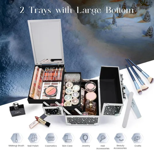 Miniatura 5 de Joligrace Maletín de Maquillaje Portátil Caja de Cosméticos 2 Bandejas con Espejo con Cerradura para Maquillaje Técnico de Uñas y Esteticistas