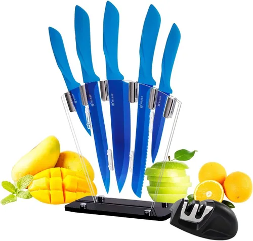 Juego de cuchillos de cocina, 7 piezas de acero inoxidable de alto carbono con soporte acrílico, chapado en azul titanio para prueba de óxido y