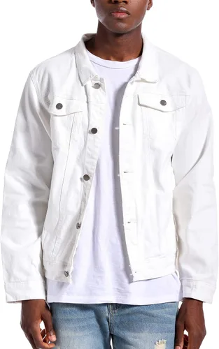 Miniatura 20 de LAMKUKU Chaqueta de mezclilla para hombre rasgada ajustada, abrigo de chaqueta vaquera para hombres