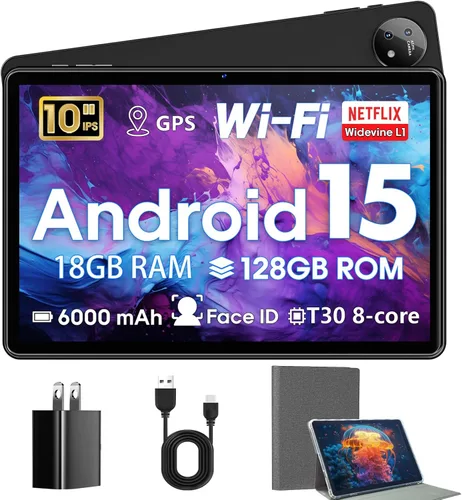 Tablet de 10 pulgadas, tabletas Android 15 con funda, 18 GB+128 GB, expansión de 1 TB, tableta Octa-Core Widevine L1 compatible con WiFi 5, 6000