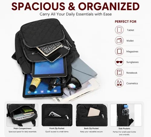 Miniatura 5 de Mochila pequeña para mujer, casual, acolchada, cuadrada, impermeable, con múltiples bolsillos, ligera, asa superior, Negro, Pequeño, Mochilas