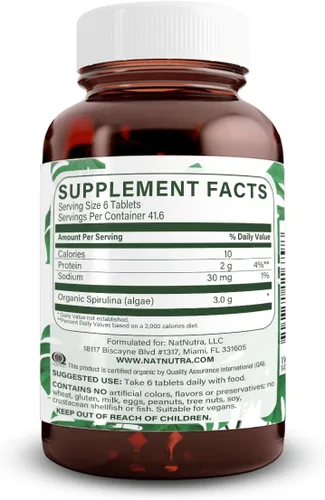 Miniatura 2 de Natural Nutra Tabletas de espirulina orgánica 100% USDA, píldoras de proteína de algas verdes azules con minerales ricos, ayuda a la salud