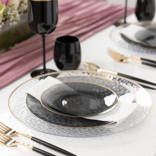 Miniatura 2 de Blue Sky Platos orgánicos martillados negros y dorados transparentes – 10 unidades, 10 pulgadas Plástico desechable redondo, diseño elegante