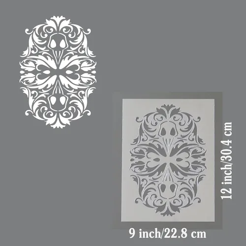 Miniatura 4 de Plantilla de damasco floral decorativa de doble calavera gótica de cuervo de 9 x 12 pulgadas.