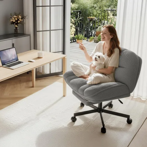DurayLoly Silla de Oficina de Piernas Cruzadas con Reposapiés, Silla Criss Cross Acolchada de 6.3" de Grosor con Ruedas, Silla Giratoria de Tocador