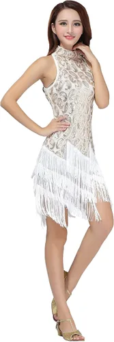 Miniatura 6 de Vestido de flecos para mujer, cuello alto, lentejuelas con purpurina, vestidos de baile latino, vestido de baile vintage de los años 20 para adultos