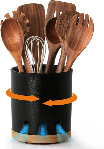 Miniatura 13 de LoeJan Soporte para Utensilios de 3 Compartimentos, Recipiente para Utensilios Extra Grande, Organizador de Utensilios de Cerámica Estable, Juego