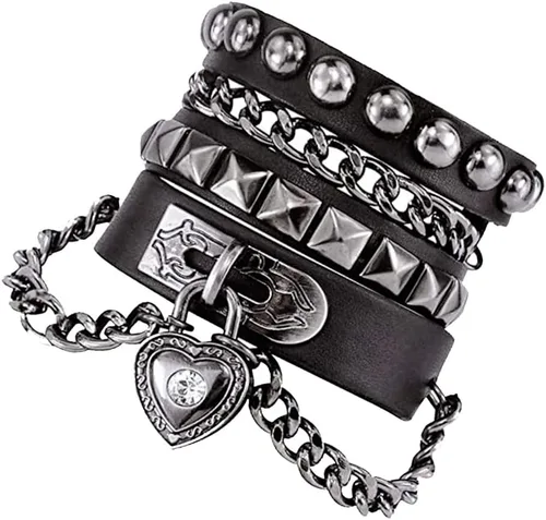 NIGHTCRUZ Pulsera de cadena de cuero punk, pulsera de cuero gótica con corazón, pulsera de rock and roll para hombres y mujeres, Cuero, No es una
