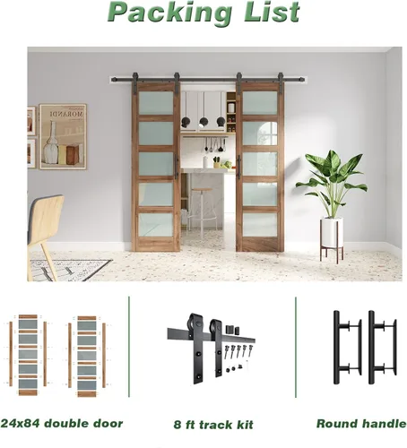 Miniatura 8 de FREDBECK Puertas de granero de vidrio dobles de 24 x 84 pulgadas, puerta de granero de 48 pulgadas con kit de herrajes de 8 pies y mango incluido, 5