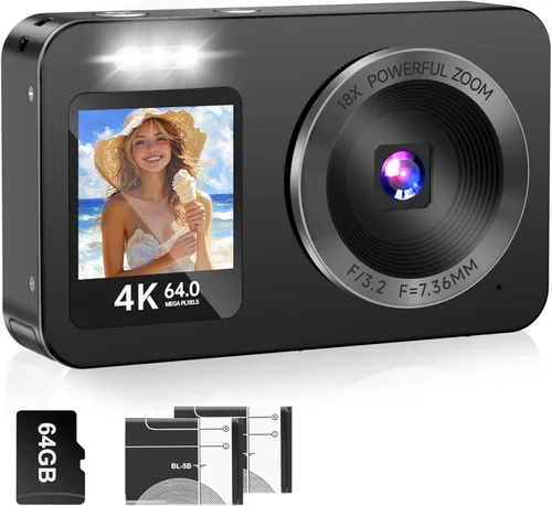 Cámara digital, cámara de doble pantalla 4K 64MP UHD, zoom de 18X, cámaras digitales portátiles para apuntar y disparar con tarjeta TF de 64 GB, 2