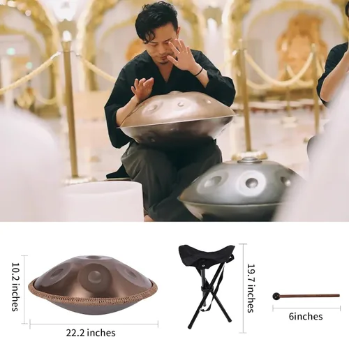 Miniatura 5 de Kurd Handpan 22" D Minor - Tambor de mano de 9 notas para rendimiento profesional, sonido de 440 Hz, incluye paño, soporte Dorado-9 Notas