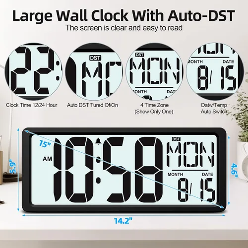 Miniatura 5 de XREXS Reloj de pared digital grande, funciona con pilas, con retroiluminación, temporizador de pantalla grande LED de 15 pulgadas con temperatura