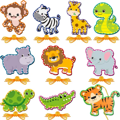 Miniatura 11 de Pajean Juego de 10 tarjetas con cordones para niños, tarjetas de costura de animales de doble cara, 10 estilos, manualidades de juguete para niños a