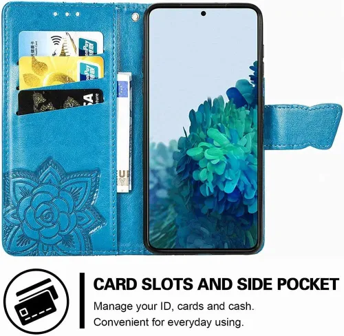 Miniatura 3 de Funda tipo cartera para Samsung Galaxy S21, piel sintética de alta calidad con diseño de flores de mariposa en relieve, función atril, ranuras