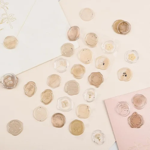 Miniatura 6 de Calcomanías de sello de cera ámbar transparente, 54 piezas de sellos de sobres con temática floral, calcomanías adhesivas para Navidad, invitaciones