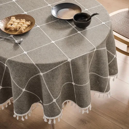 Miniatura 110 de ZeeMart - Mantel de mesa con diseño de cuadrícula boho y borlas (blanco roto, 132 cm x 132 cm), mantel de gran peso de lino a cuadros bordado