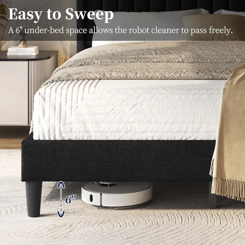 Miniatura 6 de Yaheetech - Base de cama tamaño queen con plataforma tapizada y cabecera de tela, diseño de borde ala, antideslizante y silenciosa, soporte de Negro