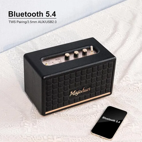 Miniatura 3 de Altavoz Bluetooth 5.4 de madera pico de 100 W, estéreo TWS vintage (negro) Retro style with bass & treble control, AUX & USB input; multiple