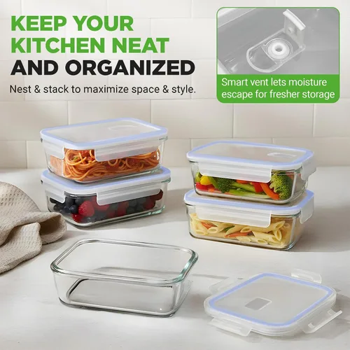 Miniatura 4 de NutriChef 10 recipientes de vidrio para almacenamiento de alimentos con tapas, recipientes de preparación de comidas de 30 onzas, reutilizables, Azul