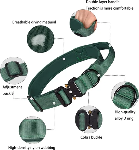 Miniatura 3 de Collar táctico para perro, collar ajustable de nailon para entrenamiento militar con mango de control y hebilla de metal pesado para perros medianos